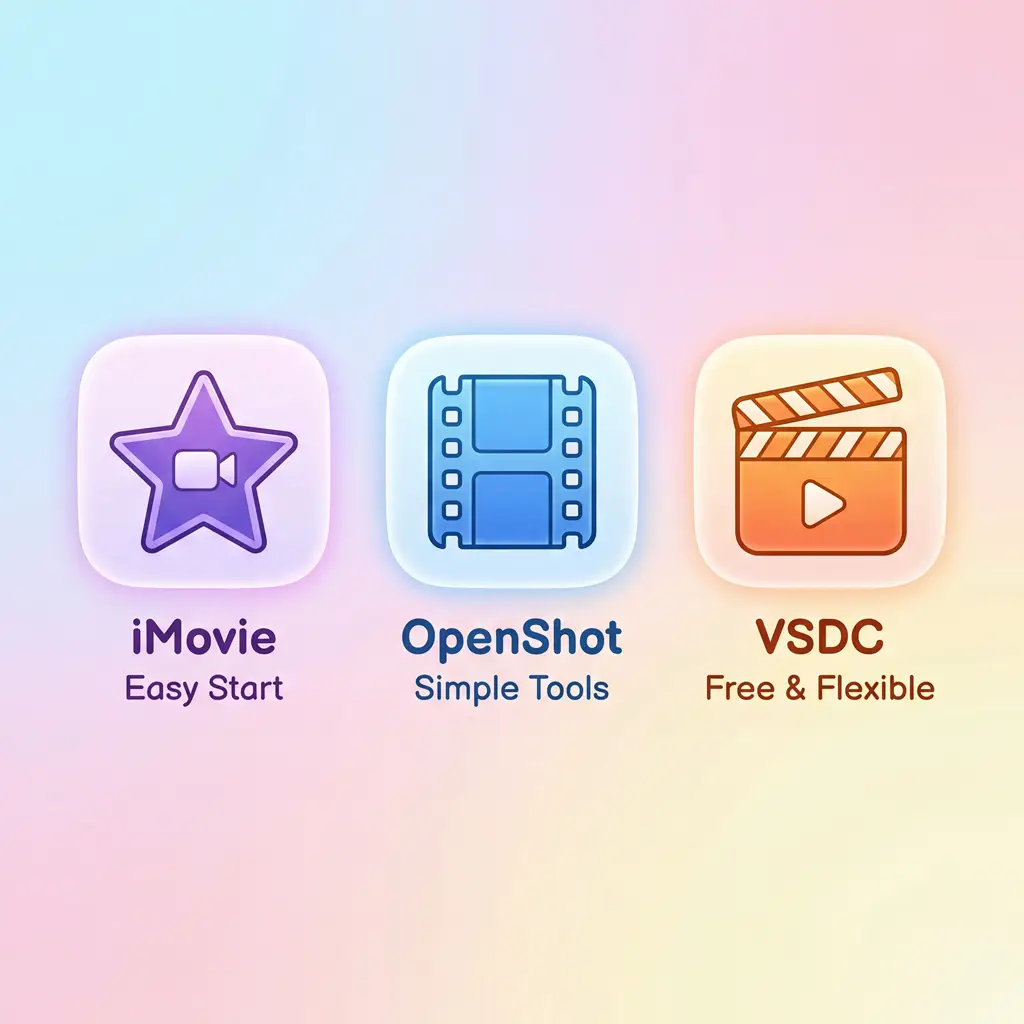 “Icons representing beginner video editors such as iMovie, OpenShot, and VSDC, supporting the topic what video editing software do YouTubers use.”