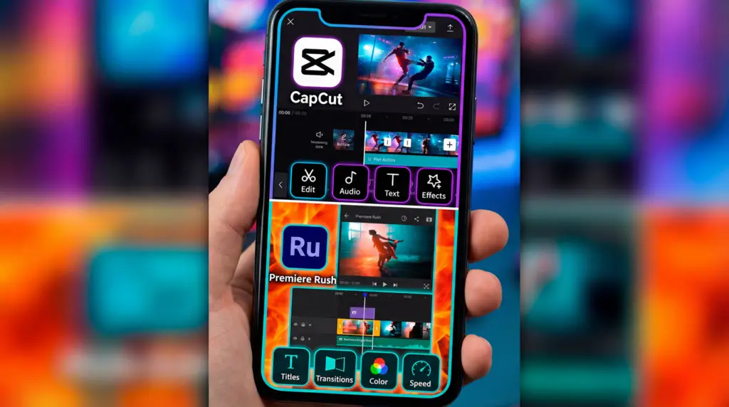 “Mobile screens showing CapCut and Adobe Premiere Rush timelines, highlighting what video editing software YouTubers use on smartphones.”