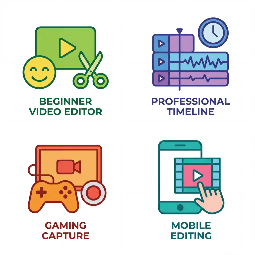 “Illustrated icons showing beginner, professional, gaming, and mobile editors to represent what video editing software YouTubers use across different skill levels.”