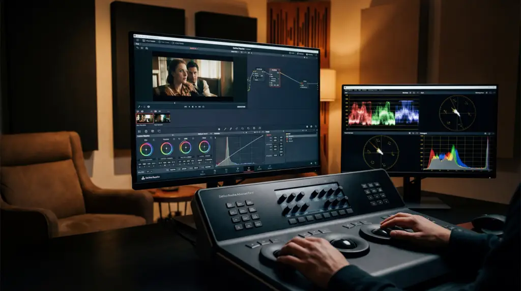 “DaVinci Resolve editing and color grading workspace, a leading option in what video editing software YouTubers use for cinematic quality.”