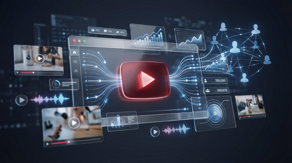 A visually engaging graphic illustrating the growth and impact of YouTube video marketing for brands, featuring a stylized play button and upward-trending charts, emphasizing why marketing YouTube videos is crucial.