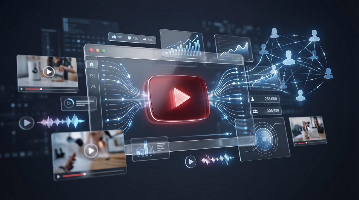 A visually engaging graphic illustrating the growth and impact of YouTube video marketing for brands, featuring a stylized play button and upward-trending charts, emphasizing why marketing YouTube videos is crucial.