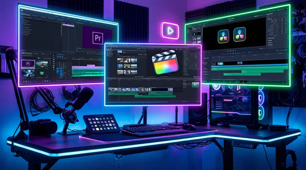 “Collage of YouTube creators using popular editing tools like Premiere Pro, Final Cut Pro, and DaVinci Resolve, illustrating what video editing software do YouTubers use in 2026.”