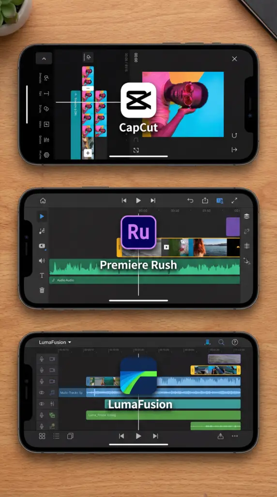 “Comparison of CapCut, Premiere Rush, and LumaFusion mobile editing interfaces, showing what video editing software YouTubers use on mobile devices.”