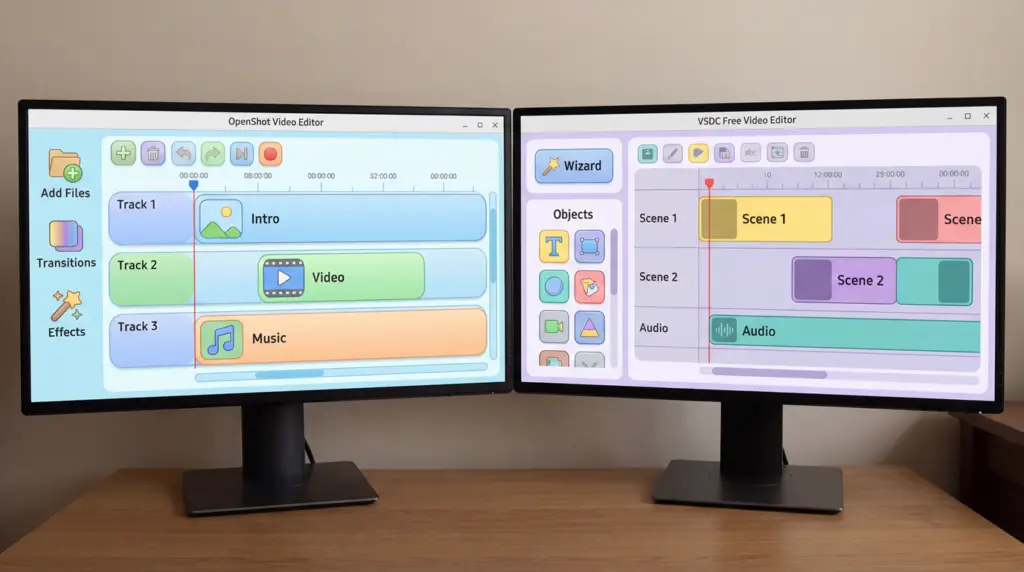 “Side-by-side OpenShot and VSDC interfaces, two beginner-friendly options in what video editing software YouTubers use for free editing.”