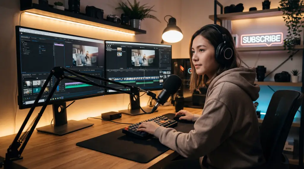 “Illustration of a YouTube creator working at a dual-monitor editing setup, representing what video editing software YouTubers use at a professional level.”