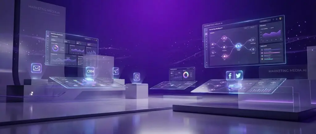 Hero image illustrating how to implement marketing automation with floating digital dashboards and workflow graphics