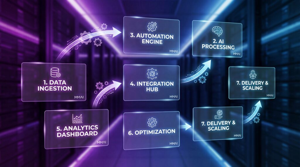 Process diagram showing the seven-step method for how to implement marketing automation successfully