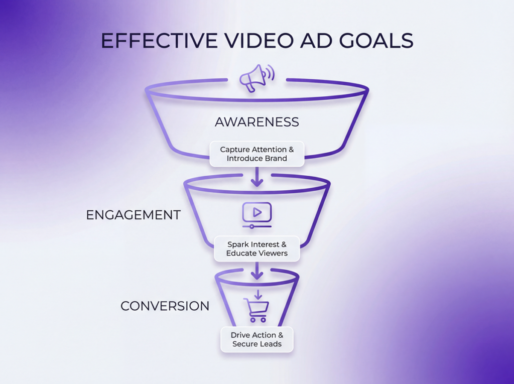 infographic showing the main elements of how to make an effective video ad including storytelling, emotion, clarity, CTA, and optimization