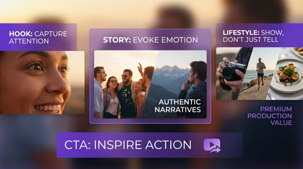 collage of storytelling-style visuals showing examples of how top brands make effective video ads