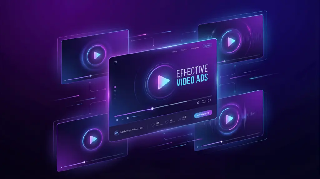 “hero image illustrating how to make an effective video ad with floating digital screens and marketing visuals”