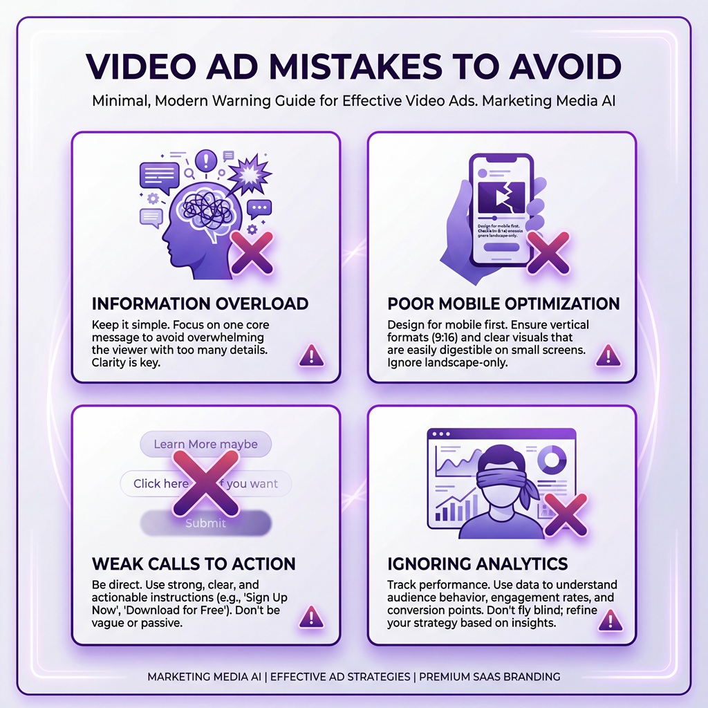 warning infographic showing mistakes to avoid when learning how to make an effective video ad