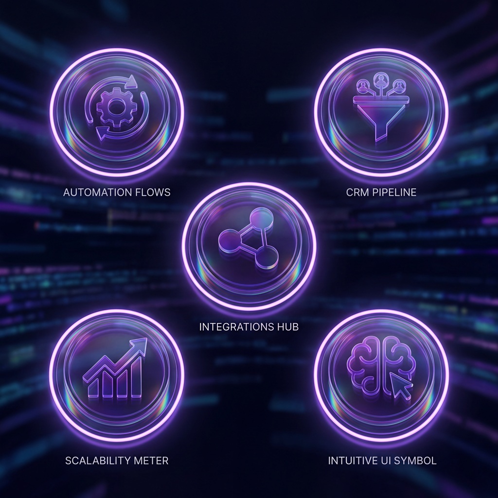 Purple-glass icons showing key marketing automation features