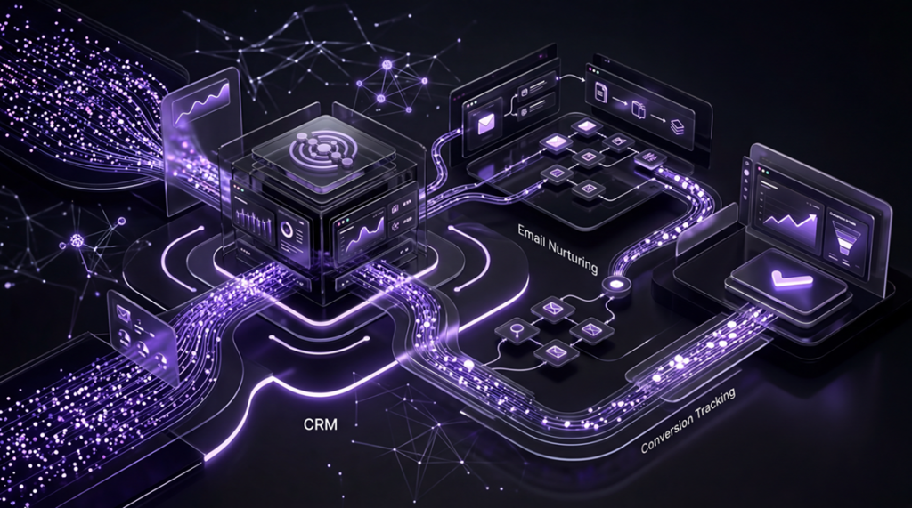 AI lead nurturing system connecting CRM, email workflows, content, and conversion tracking