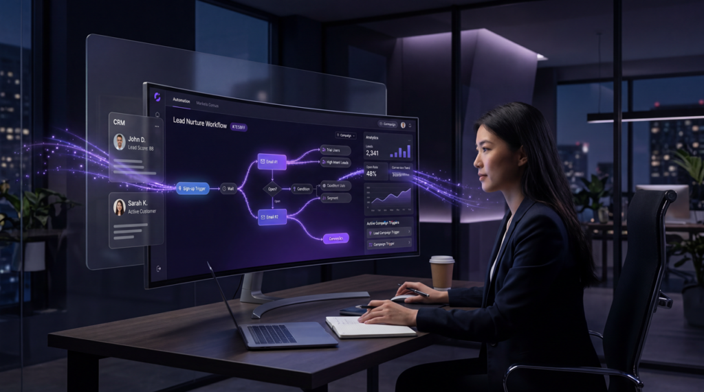 Dashboard-style illustration of the best marketing automation software for startups with CRM, email automation, and performance tracking.