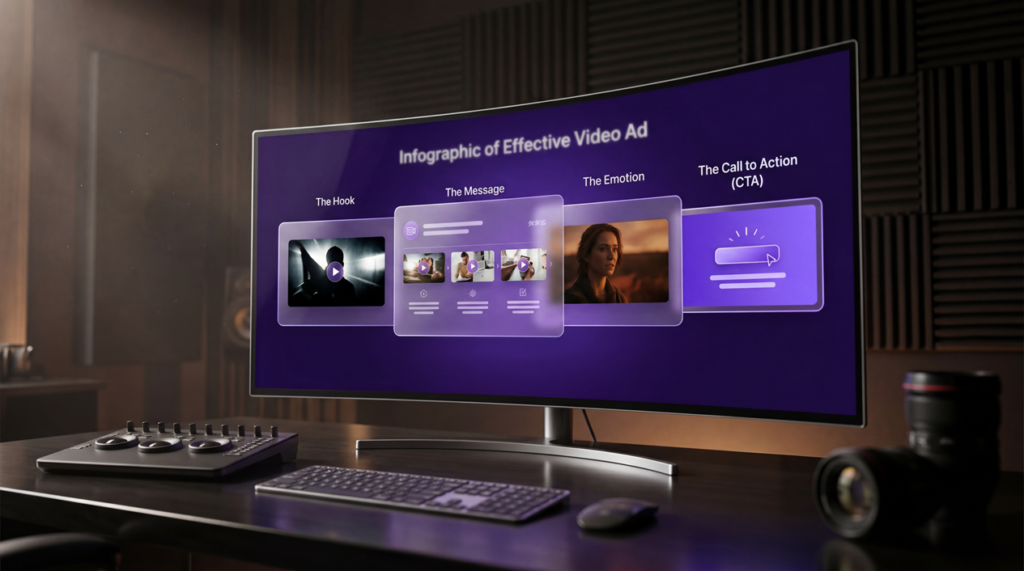 Premium visual showing the structure of an effective video ad with hook, message, emotion, and call to action.