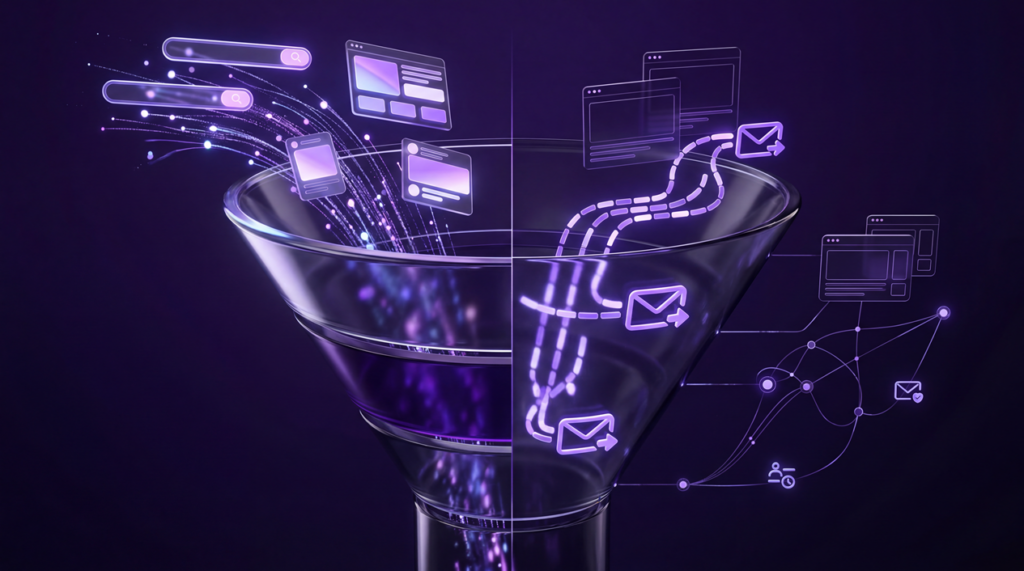 Lead generation vs lead nurturing visual showing demand capture and relationship building in a premium marketing funnel
