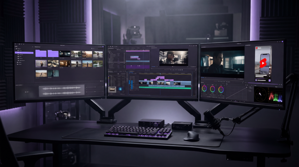 Modern creator workstation showing the video editing software YouTubers use for professional and beginner workflows