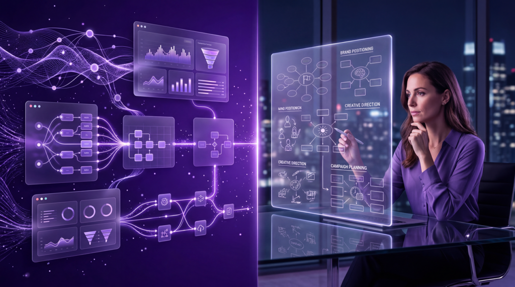 Will AI take over marketing jobs visual showing AI automation and human marketing strategy side by side