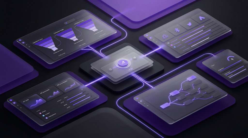 AI marketing analytics setup showing key events, conversions, and channel tracking.