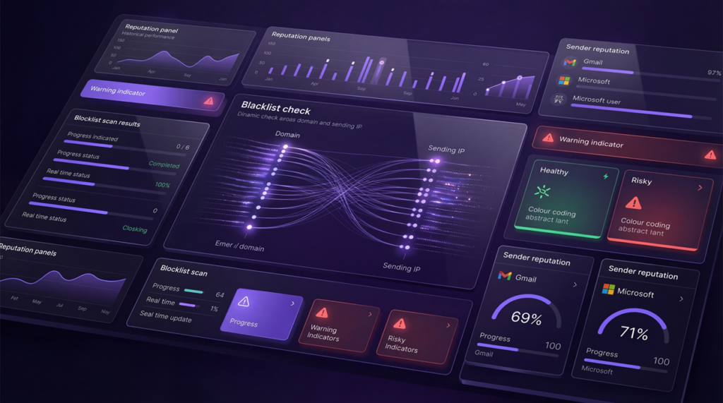 Email blacklist checker dashboard showing domain and IP reputation scans across major blocklists