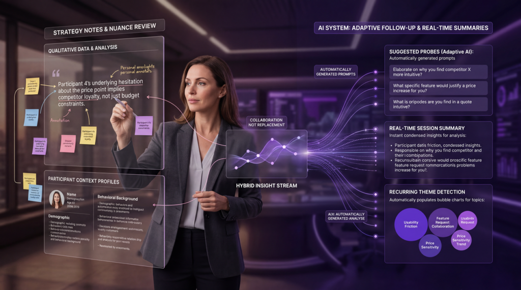 Hybrid AI moderation in market research combining human researchers with automated qualitative analysis