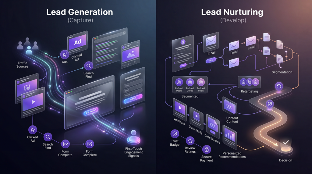 Lead generation vs lead nurturing comparison image showing traffic capture versus trust-building marketing systems