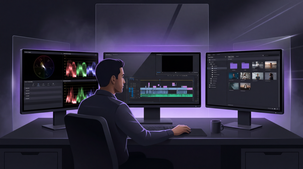 Professional YouTube editing workflow with timeline, color grading tools, and organized production setup