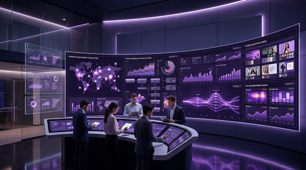 AI marketing dashboard showing automation, analytics, personalization, and campaign optimization tools