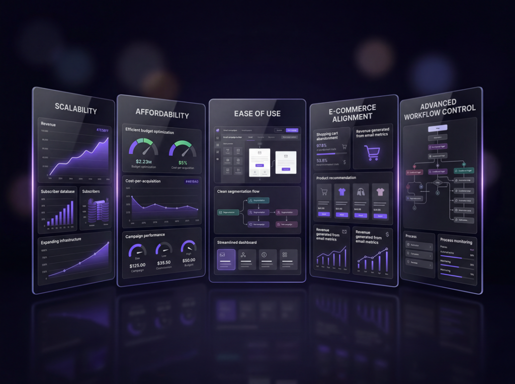 Comparison-style illustration of startup marketing automation software options with different strengths for scalability, affordability, e-commerce, and workflow control.