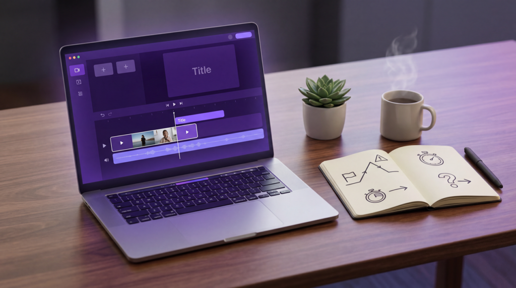 Beginner YouTube editing setup with simple software interface, laptop, and content planning notes
