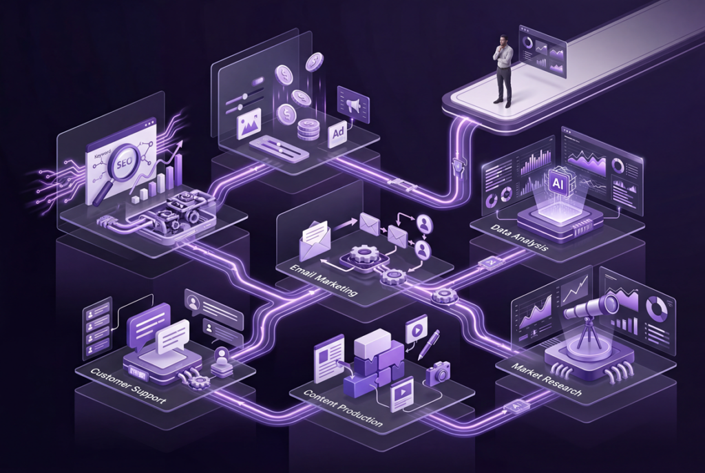 Marketing roles most affected by AI including SEO, PPC, email marketing, analytics, and support