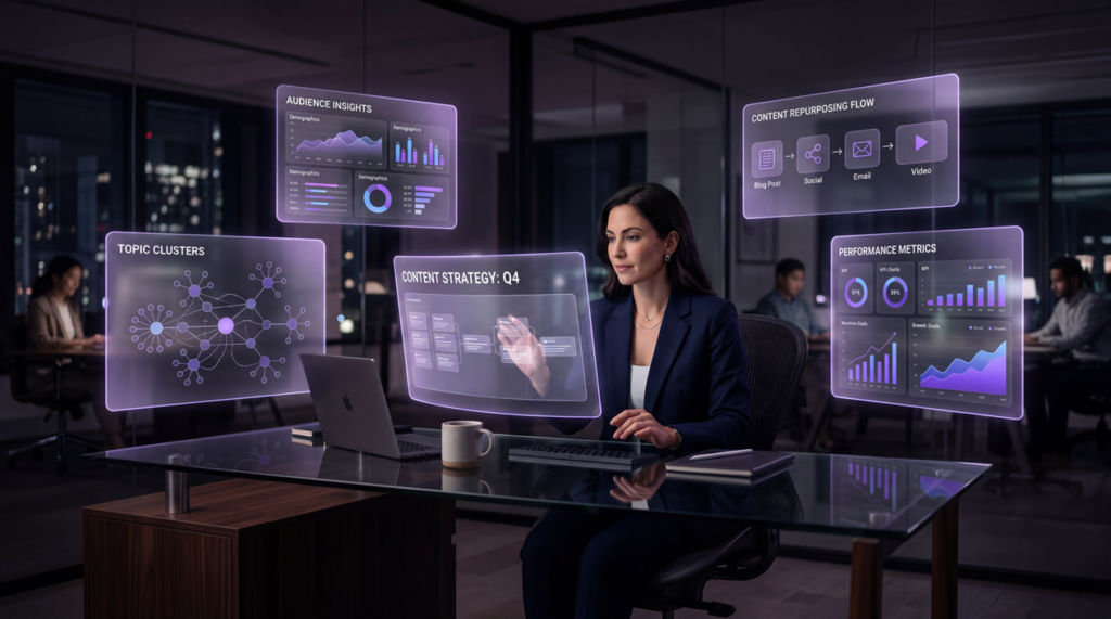 What Is Artificial Intelligence in Content Marketing? Artificial intelligence in content marketing shown through strategy, content, and analytics dashboards