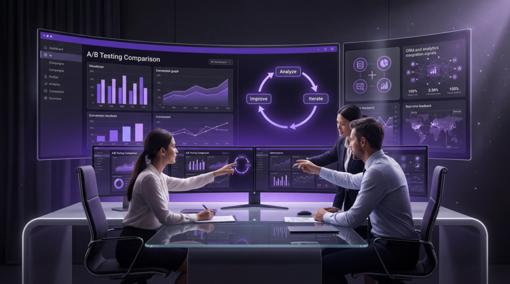 AI marketing optimization workflow with testing, analytics, and performance improvement.