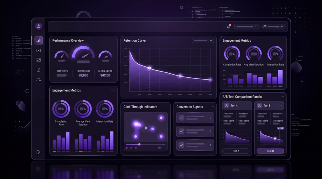 Video ad performance dashboard showing retention, click-through rate, conversions, and engagement.