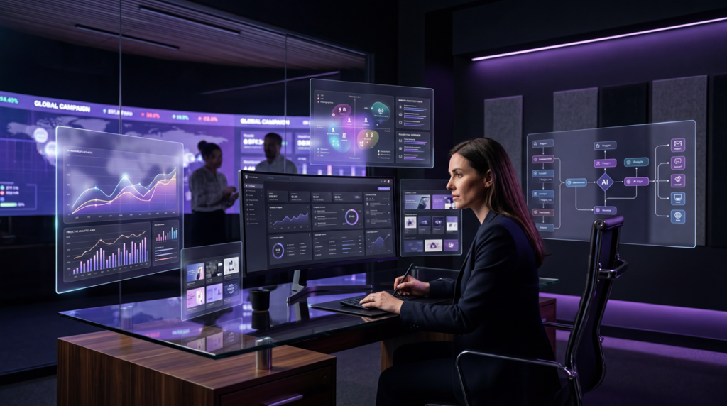 What is an AI Marketing Agency? What is an AI marketing agency concept showing human strategy supported by AI dashboards, automation, and marketing analytics