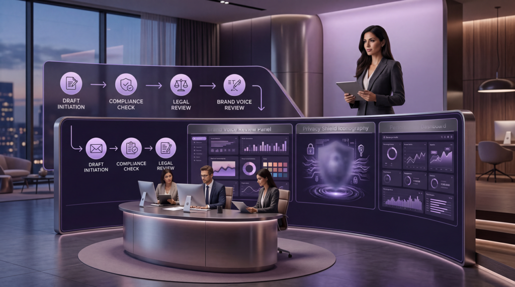 Email campaign review dashboard with brand voice checks, compliance oversight, and AI-assisted workflow controls