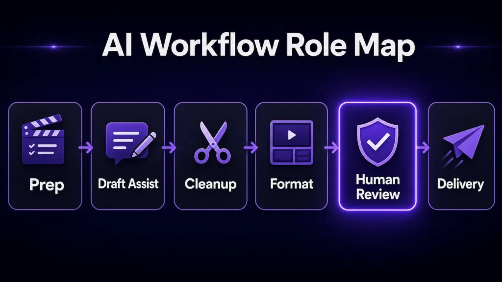 ai workflow role map video editing AI workflow role map for video editing showing prep, draft assist, cleanup, formatting, human review, and delivery.
