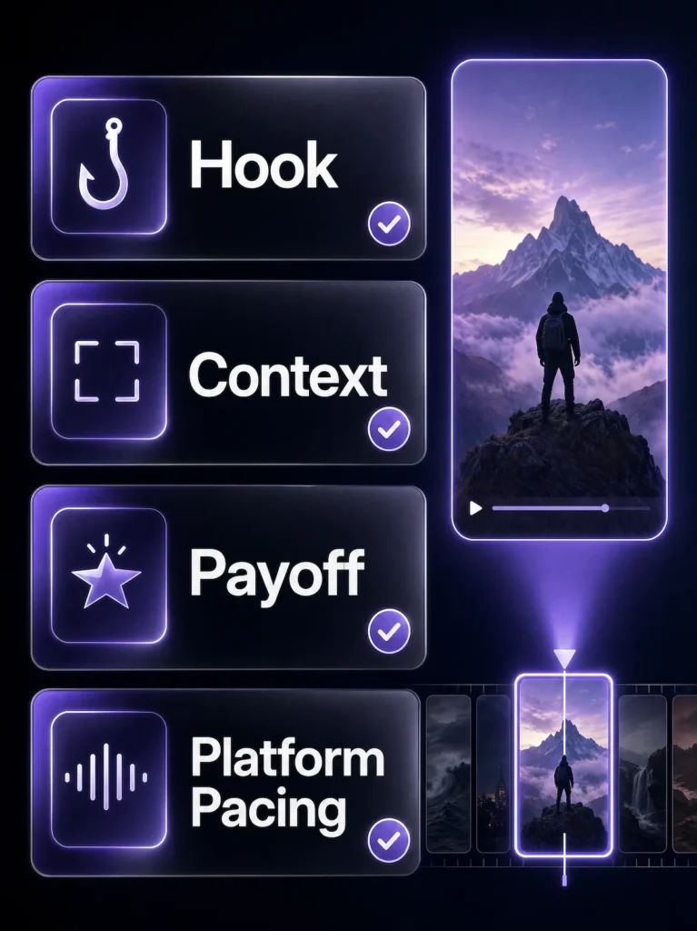 hook context payoff review checklist Hook, context, and payoff checklist for reviewing AI-selected short-form clips.
