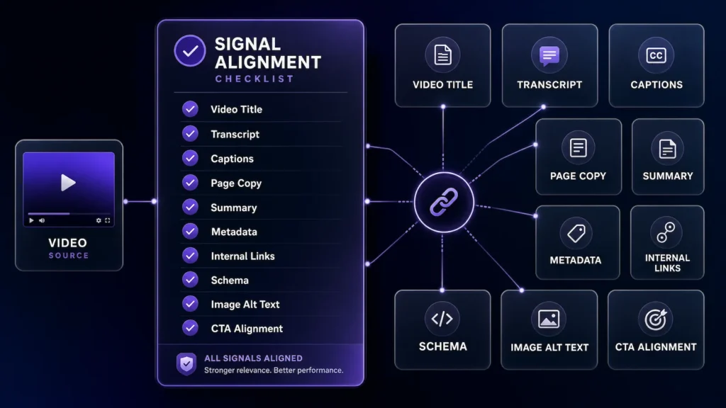 video signal alignment checklist Signal alignment checklist for video transcripts, captions, metadata, and page copy.
